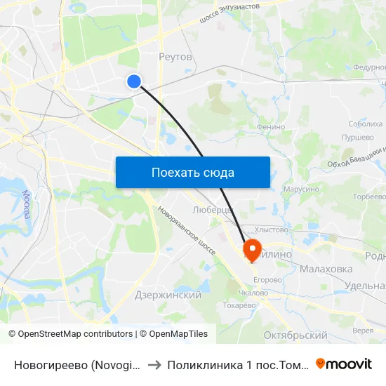 Новогиреево (Novogireevo) to Поликлиника  1 пос.Томилино map
