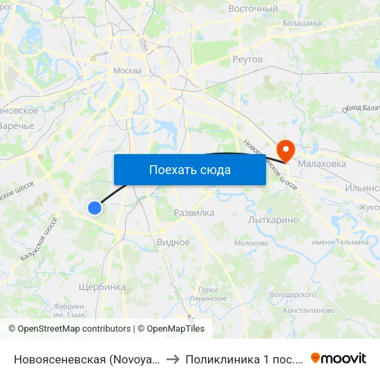 Новоясеневская (Novoyasenevskaya) to Поликлиника  1 пос.Томилино map