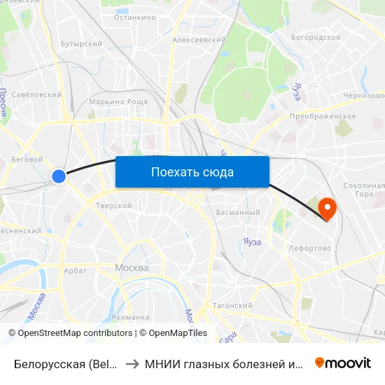 Белорусская (Belorusskaya) to МНИИ глазных болезней им. Гельмгольца map