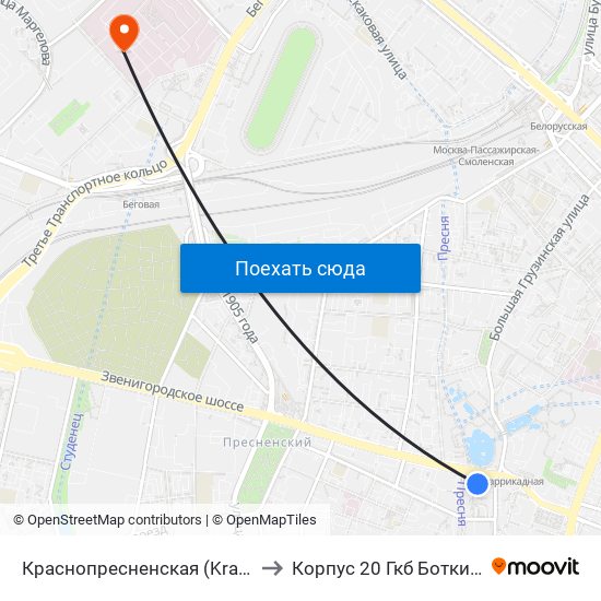 Краснопресненская (Krasnopresnenskaya) to Корпус 20 Гкб Боткина (2 Терапия) map