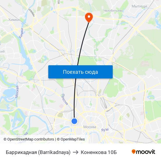 Баррикадная (Barrikadnaya) to Коненкова 10Б map