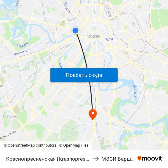 Краснопресненская (Krasnopresnenskaya) to МЭСИ Варшавка map