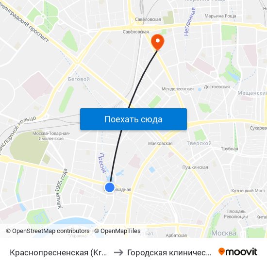 Краснопресненская (Krasnopresnenskaya) to Городская клиническая больница 13 map
