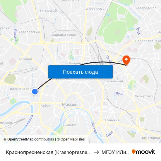 Краснопресненская (Krasnopresnenskaya) to МГОУ ИЛиМК map