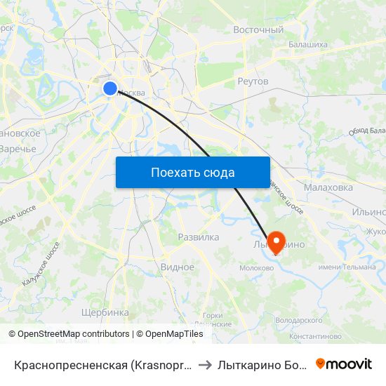 Краснопресненская (Krasnopresnenskaya) to Лыткарино Больница map
