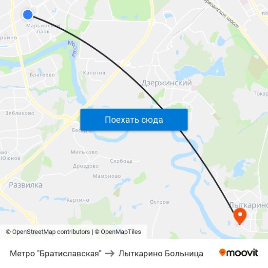 Метро "Братиславская" to Лыткарино Больница map