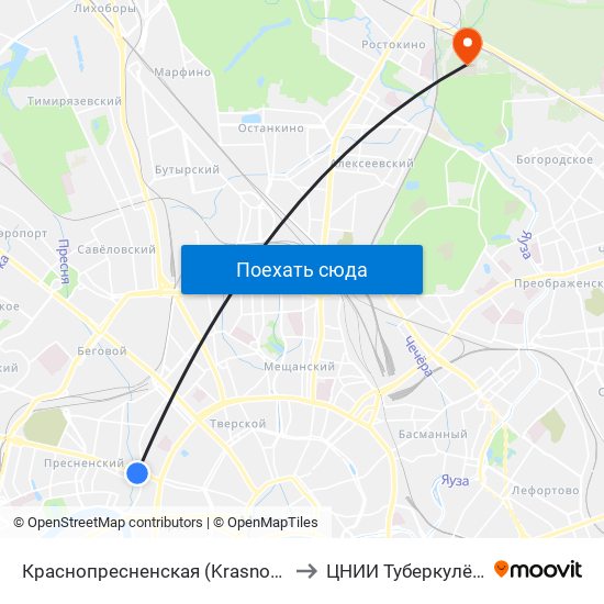 Краснопресненская (Krasnopresnenskaya) to ЦНИИ Туберкулёза РАМН map