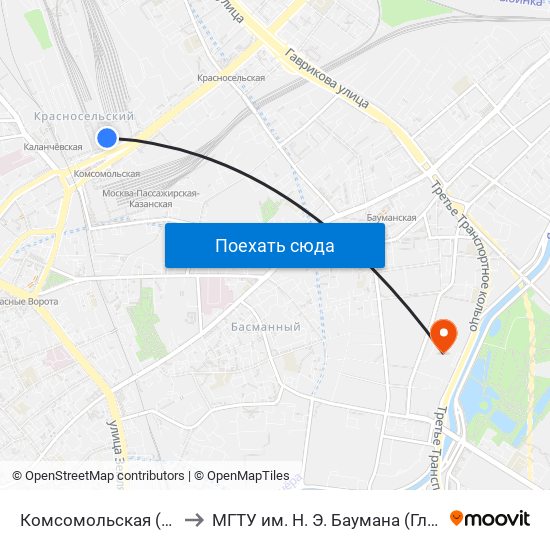 Комсомольская (Komsomolskaya) to МГТУ им. Н. Э. Баумана (Главный учебный корпус) map