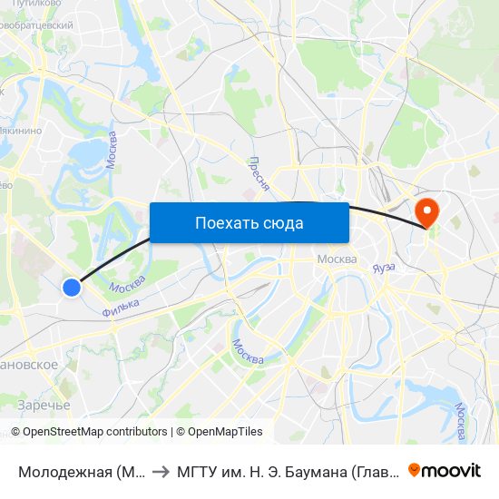 Молодежная (Molodezhnaya) to МГТУ им. Н. Э. Баумана (Главный учебный корпус) map