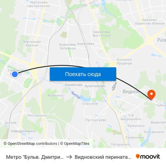 Метро "Бульв. Дмитрия Донского" to Видновский перинатальный центр map