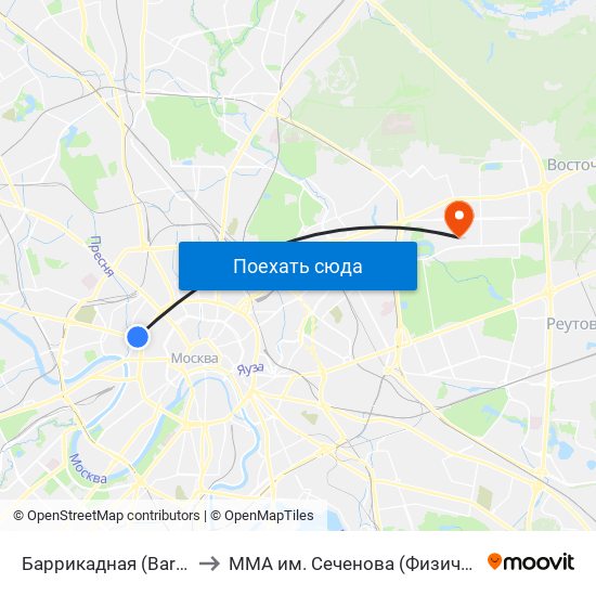 Баррикадная (Barrikadnaya) to ММА им. Сеченова (Физический корпус) map