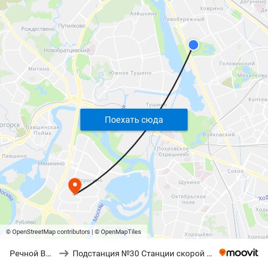Речной Вокзал (Rechnoy Vokzal) to Подстанция №30 Станции скорой и неотложной медицинской помощи г. Москвы им. А. С. Пучкова map