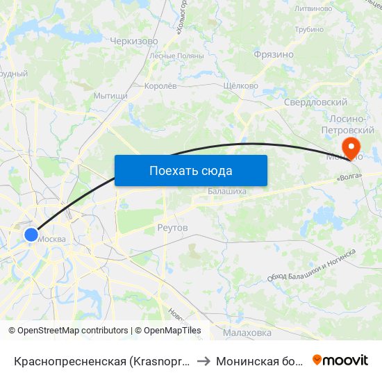 Краснопресненская (Krasnopresnenskaya) to Монинская больница map
