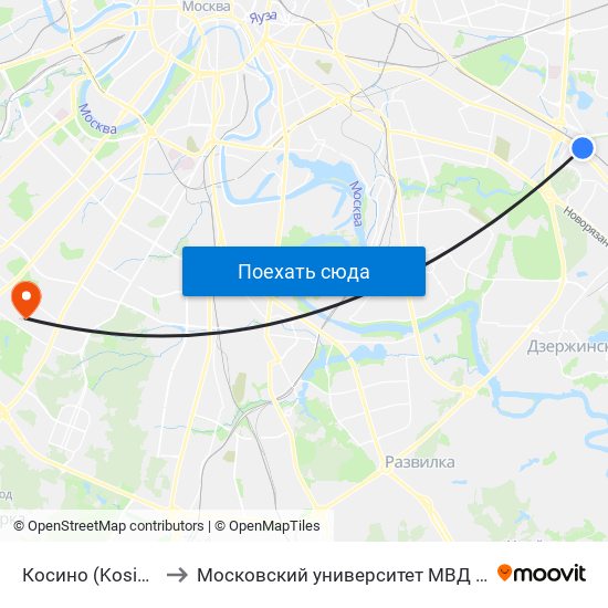 Косино (Kosino) to Московский университет МВД РФ map