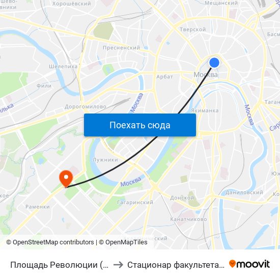 Площадь Революции (Ploschad Revolyutsii) to Стационар факультета почвоведения МГУ map