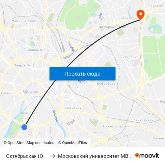 Октябрьская (Oktyabrskaya) to Московский университет МВД имени В.Я. Кикотя map