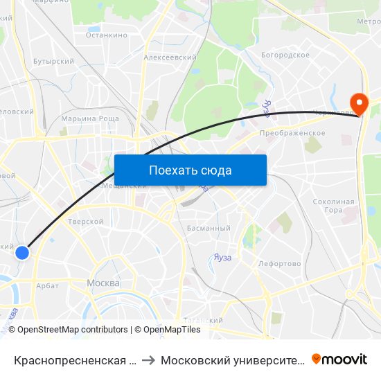 Краснопресненская (Krasnopresnenskaya) to Московский университет МВД имени В.Я. Кикотя map