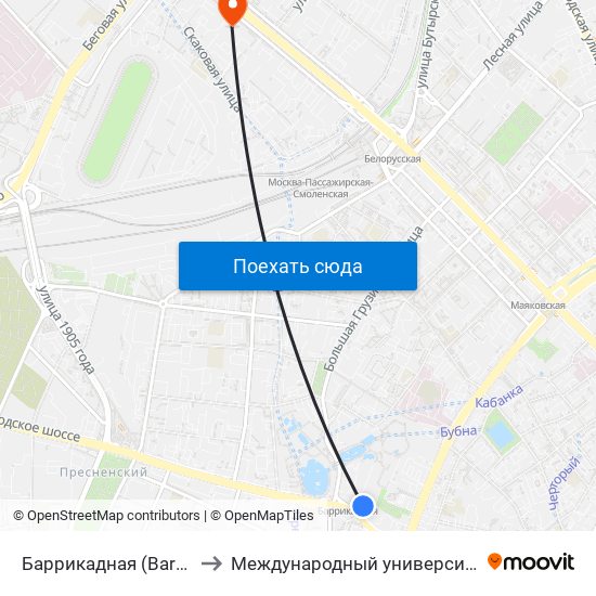 Баррикадная (Barrikadnaya) to Международный университет в Москве map