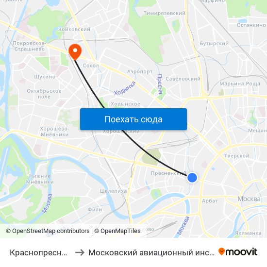 Краснопресненская (Krasnopresnenskaya) to Московский авиационный институт (национальный исследовательский университет) map