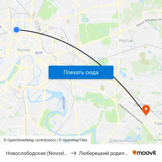 Новослободская (Novoslobodskaya) to Люберецкий родильный дом map