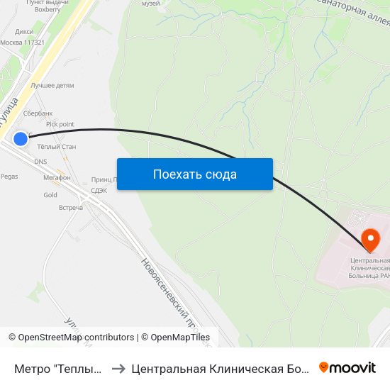Метро "Теплый Стан" to Центральная Клиническая Больница РАН map