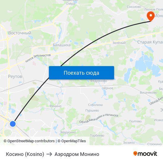 Косино (Kosino) to Аэродром Монино map