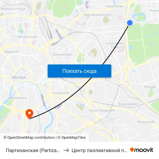 Партизанская (Partizanskaya) to Центр паллиативной помощи map
