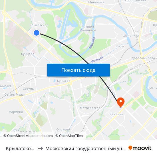 Крылатское (Krylatskoe) to Московский государственный университет им. М. В. Ломоносова map