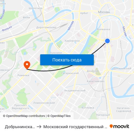 Добрынинская (Dobryninskaya) to Московский государственный университет им. М. В. Ломоносова map
