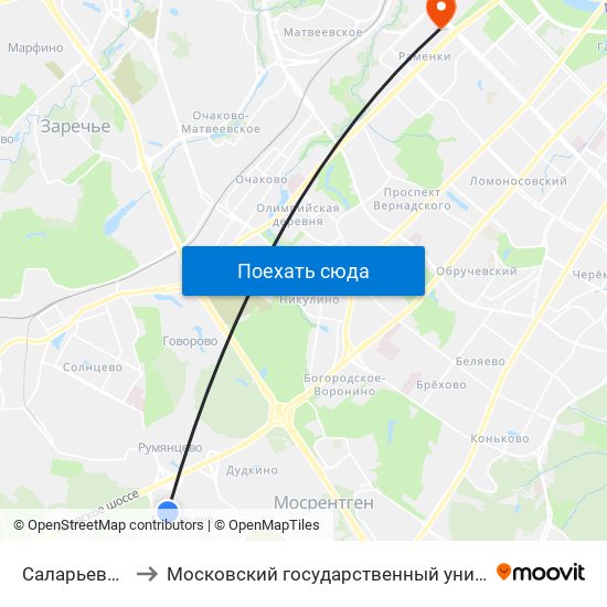 Саларьево (Salaryevo) to Московский государственный университет им. М. В. Ломоносова map