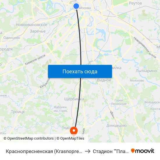 Краснопресненская (Krasnopresnenskaya) to Стадион ""Планета"" map
