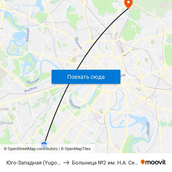 Юго-Западная (Yugo-Zapadnaya) to Больница №2 им. Н.А. Семашко (РЖД) map