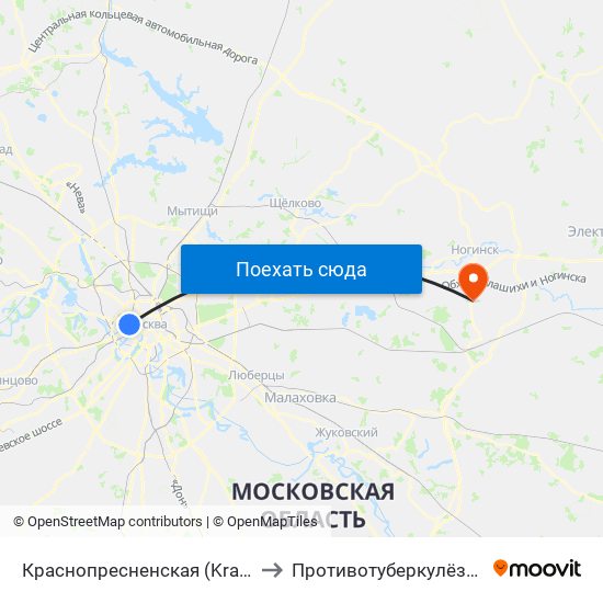 Краснопресненская (Krasnopresnenskaya) to Противотуберкулёзный диспансер map
