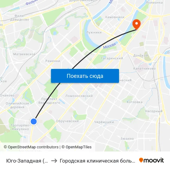 Юго-Западная (Yugo-Zapadnaya) to Городская клиническая больница № 1 им. Н. И. Пирогова map