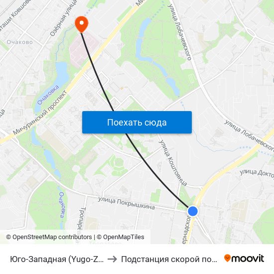Юго-Западная (Yugo-Zapadnaya) to Подстанция скорой помощи №26 map