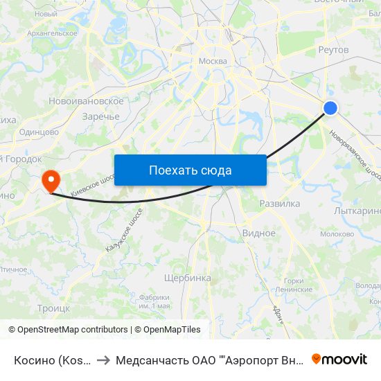 Косино (Kosino) to Медсанчасть ОАО ""Аэропорт Внуково"" map