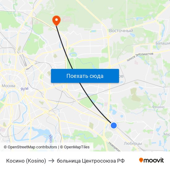 Косино (Kosino) to больница Центросоюза РФ map
