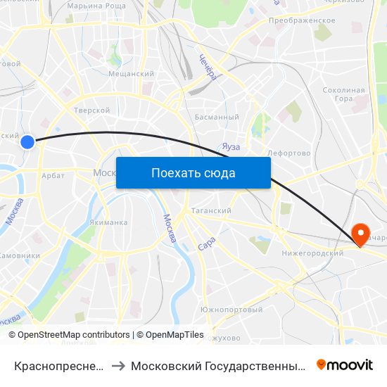 Краснопресненская (Krasnopresnenskaya) to Московский Государственный Гуманитарный Университет Имени М. А. Шолохова map