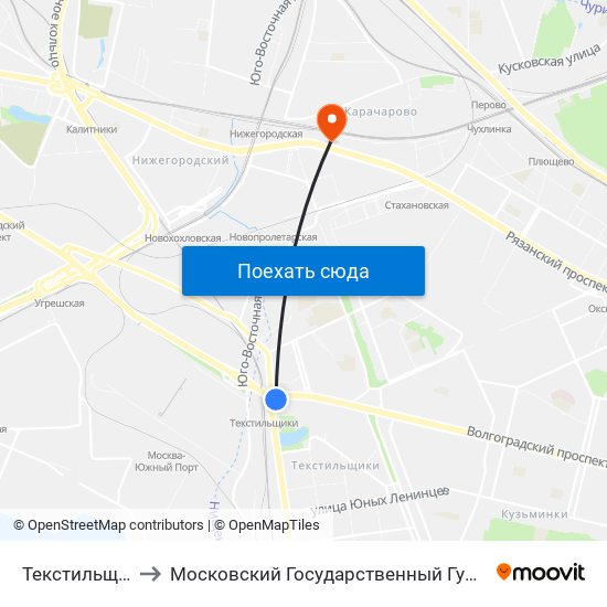 Текстильщики (Tekstilschiki) to Московский Государственный Гуманитарный Университет Имени М. А. Шолохова map