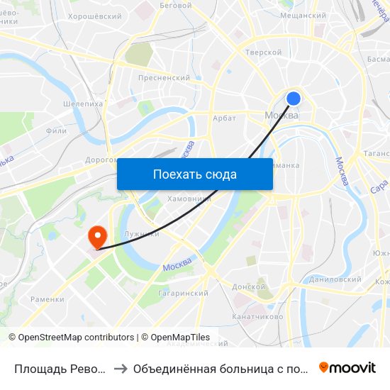 Площадь Революции (Ploschad Revolyutsii) to Объединённая больница с поликлиникой при управлении делами Президента РФ map