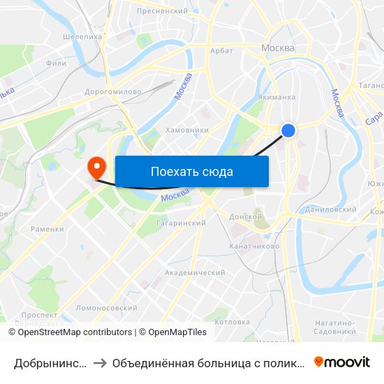 Добрынинская (Dobryninskaya) to Объединённая больница с поликлиникой при управлении делами Президента РФ map
