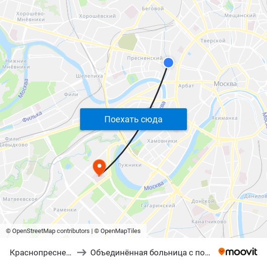 Краснопресненская (Krasnopresnenskaya) to Объединённая больница с поликлиникой при управлении делами Президента РФ map