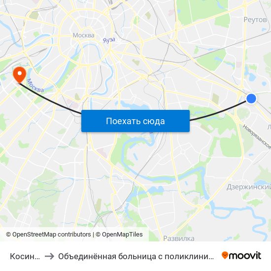 Косино (Kosino) to Объединённая больница с поликлиникой при управлении делами Президента РФ map