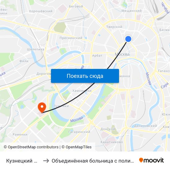 Кузнецкий Мост (Kuznetsky Most) to Объединённая больница с поликлиникой при управлении делами Президента РФ map