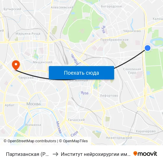 Партизанская (Partizanskaya) to Институт нейрохирургии имени Н.Н. Бурденко map