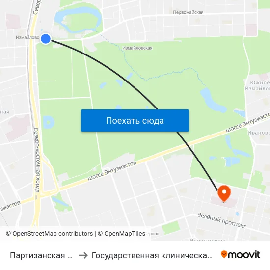 Партизанская (Partizanskaya) to Государственная клиническая больница им Е. О. Мухина map