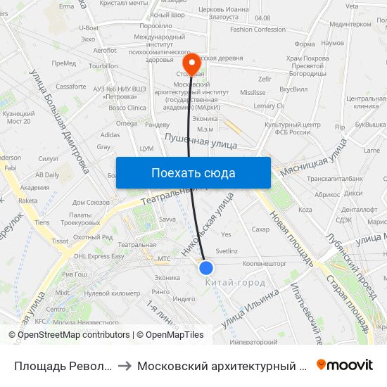 Площадь Революции (Ploschad Revolyutsii) to Московский архитектурный институт (государственная академия) (МАрхИ) map