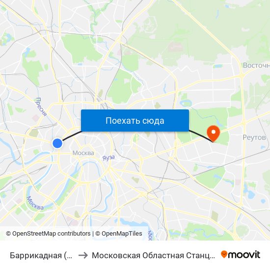 Баррикадная (Barrikadnaya) to Московская Областная Станция Переливания Крови map