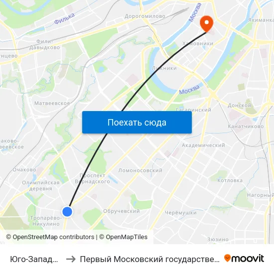 Юго-Западная (Yugo-Zapadnaya) to Первый Московский государственный медицинский университет им. И. М. Сеченова map