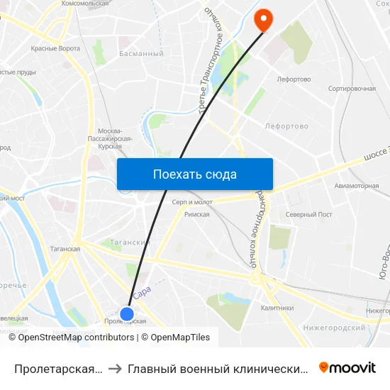 Пролетарская (Proletarskaya) to Главный военный клинический госпиталь им. Н.Н. Бурденко map
